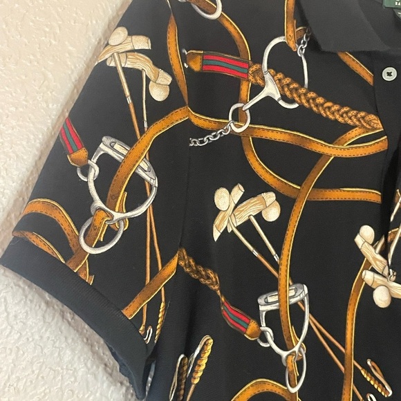 Vintage Ralph Lauren Equestrian Bridle Print Polo Shirt Black L - Picture 2 of 5